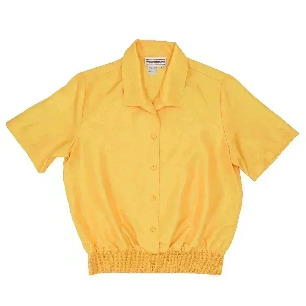 Vintage 70s Golden Yellow Short Sleeve Smocked Shirt Size Medium Summer Blouse
